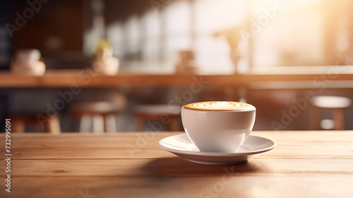 Blurred modern background  a cup of coffee on a wooden tabletop. GenerativeAI