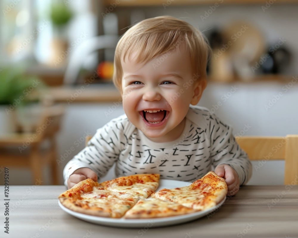 A baby is laughing while eating pizza. Generative AI. A baby is laughing while eating pizza. Generative AI.