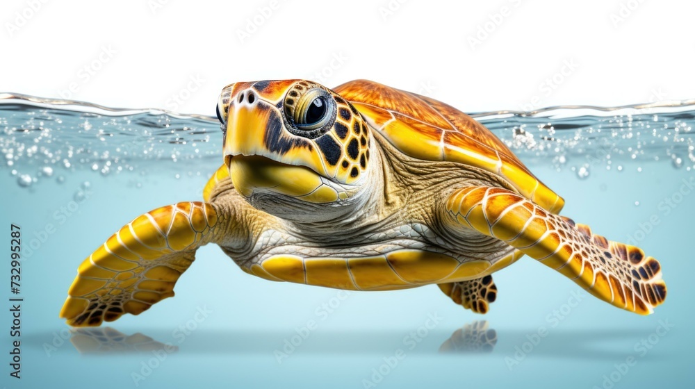 Fototapeta premium A turtle swimming in the water with bubbles. Generative AI.