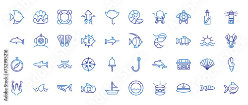 marine life nautical sea animals and equipment thick line blue icons vector