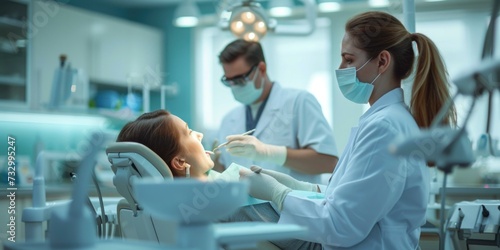 A patient awaits dental surgery while a calm dentist prepares tools in a sterile clinic. Generative AI.