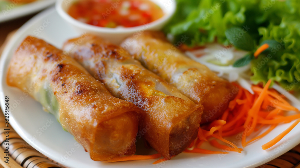 Crispy Spring Rolls on Dark Plate with Sauce Crispy Spring Rolls on Dark Plate with Sauce