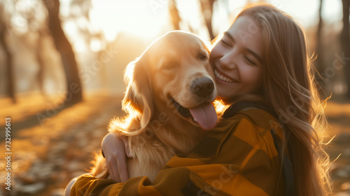 dog lover hugging cute female golden retriever during the sunset, in the style of sigma 85mm f/1.4 dg hsm art, happycore, petcore, nonrepresentational photo