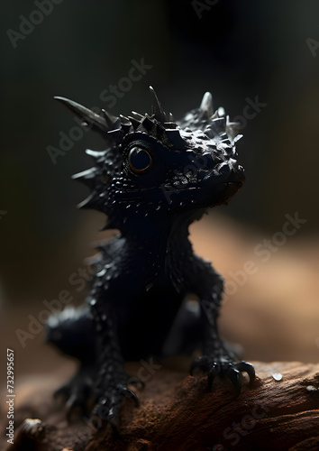 Black dragon statue, a mythical creature depicted in silhouette against a dark background © ekachai