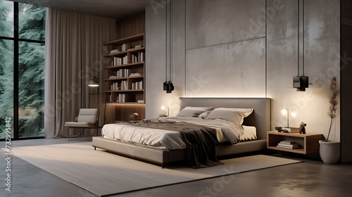 A bedroom with hidden cabinets and a faux concrete finish on the walls, embracing an urban aesthetic photo
