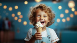 Joyful child delighting in ice cream cone. Happy child enjoying ice cream delicacy. Generative AI.
