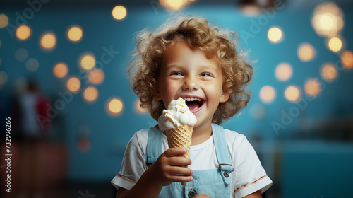 Joyful child delighting in ice cream cone. Happy child enjoying ice cream delicacy. Generative AI.