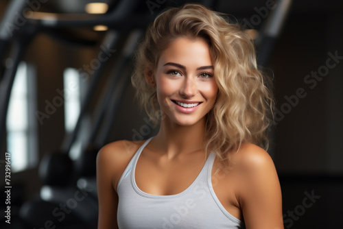 Mujer rubia en forma sonriente en un estante de fitness sobre un fondo gris con espacio para copiar, pancarta.