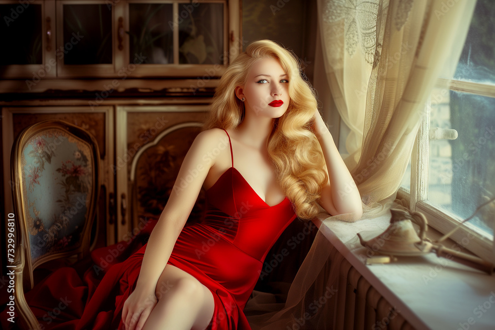Portrait of a sexy beautiful woman over vintage background. Blonde Pin-Up Model, and Vintage Makeup
