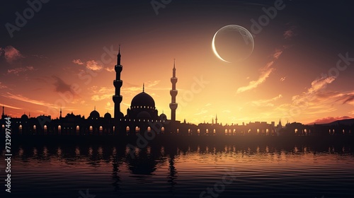 Mosque sunset sky  moon  holy night  islamic night and silhouette mosque  panaromic islamic wallpaper