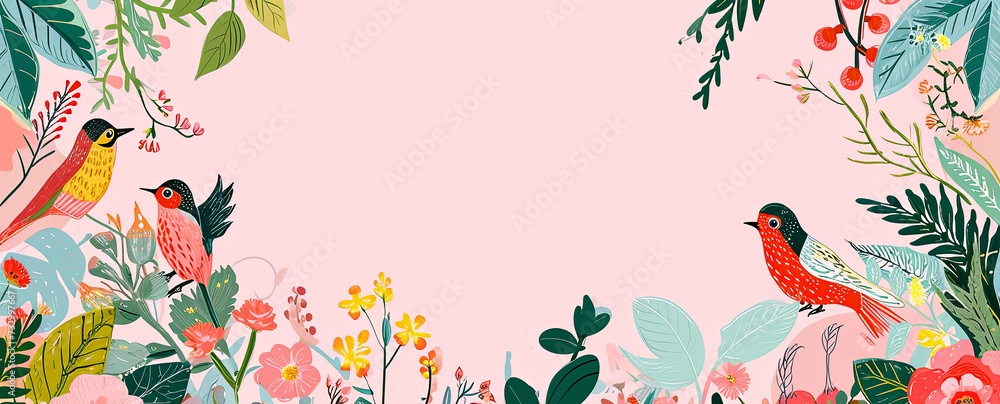 Tropical pink pattern with exotic flowers, birds. Panorama