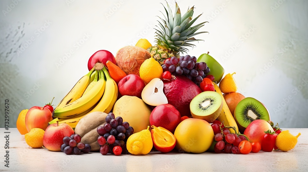 Pile of different types of fresh organic fruits isolated on white background. Healthy antioxidant food and tropical fruit concept.