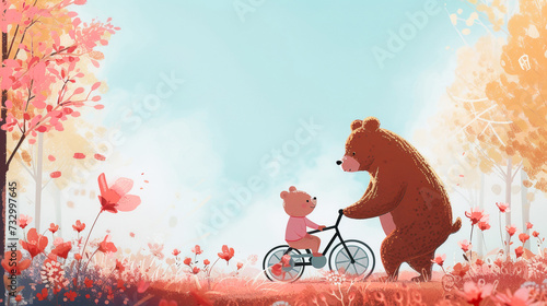 Mom bear teaches little sun bear ride a bike. Happy mother day photo