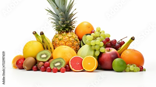 Pile of different types of fresh organic fruits isolated on white background. Healthy antioxidant food and tropical fruit concept.
