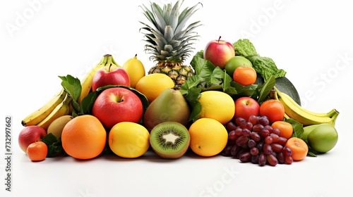 Pile of different types of fresh organic fruits isolated on white background. Healthy antioxidant food and tropical fruit concept.