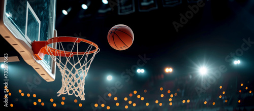 A basketball ball flies into a basketball basket. Sport game banner