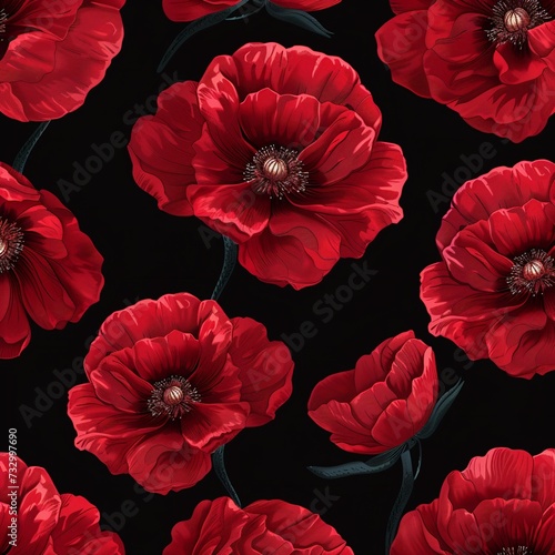 Bright floral pattern with scarlet poppy flowers on a black background. Seamless floral pattern. Texture for fabric, dough, wrapping paper, decor.