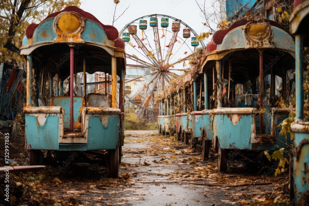 Obraz premium An overgrown post-apocalyptic amusement park. A flooded abandoned amusement park.