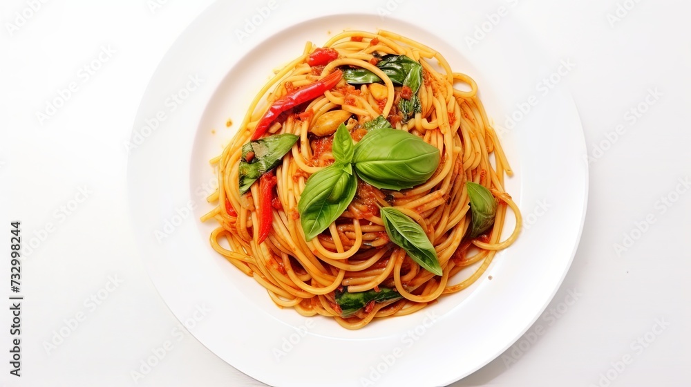 Spicy Thai basil pork pasta on white dish with white background. Italian food fusion Thai food. Tasty appetizing Italian fusion spicy spaghetti pasta with meat, chili, Thai basil. Italian fusion food Spicy Thai basil pork pasta on white dish with white background. Italian food fusion Thai food. Tasty appetizing Italian fusion spicy spaghetti pasta with meat, chili, Thai basil. Italian fusion food