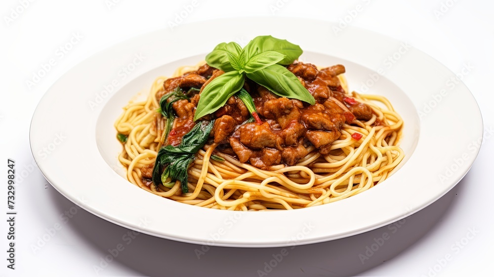 Spicy Thai basil pork pasta on white dish with white background. Italian food fusion Thai food. Tasty appetizing Italian fusion spicy spaghetti pasta with meat, chili, Thai basil. Italian fusion food Spicy Thai basil pork pasta on white dish with white background. Italian food fusion Thai food. Tasty appetizing Italian fusion spicy spaghetti pasta with meat, chili, Thai basil. Italian fusion food