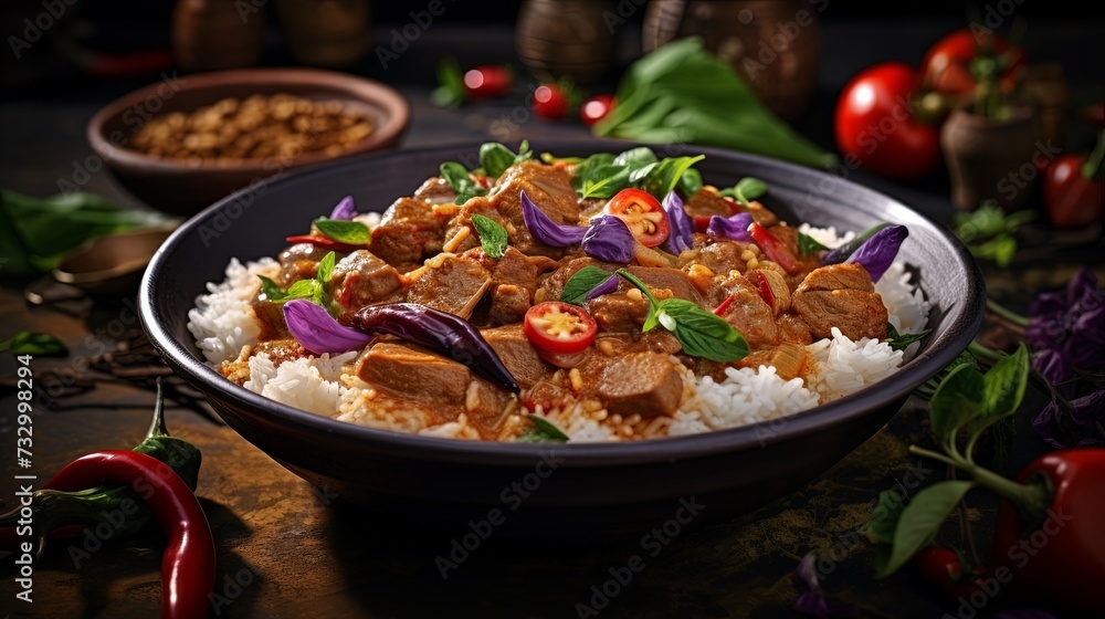 spicy thai curry with pork meat serving with rice and decorating with herbal vegetable ingredients like chili and eggplant on rustic background - Thai food spicy thai curry with pork meat serving with rice and decorating with herbal vegetable ingredients like chili and eggplant on rustic background - Thai food