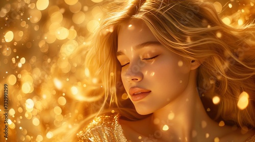 Fictional Blond Japanese Woman in a Gold Glittering Dress Against a Golden Glitter Background, Closed-Eyed Girl with Luxurious Blond Hair, Ideal for Advertising Product Design.