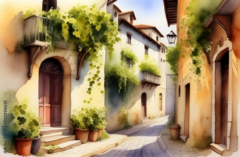 Watercolor urban landscape. An old medieval street in a European town
