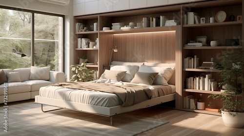 A bedroom with a Murphy bed that folds up into the wall, maximizing space during the day