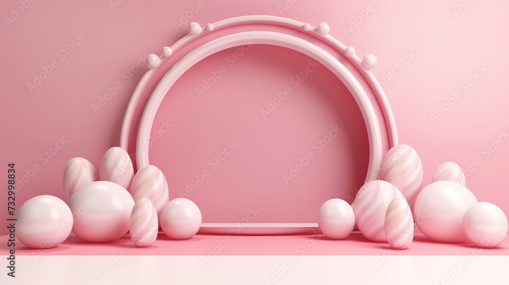Pink and white podium with pink background and Easter eggs. 3d render illustration, generative ai, Pink and white podium with pink background and Easter eggs. 3d render illustration, generative ai,