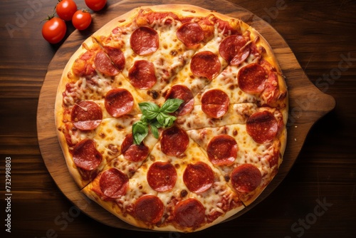 Junk food concept. Top view, delicious slice of pizza. Italian specialty hot fresh pizza isolated on wooden background.