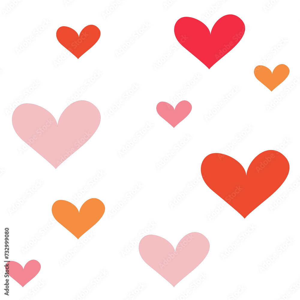 Seamless pattern of hearts. Pink, red and yellow hearts on a white background.