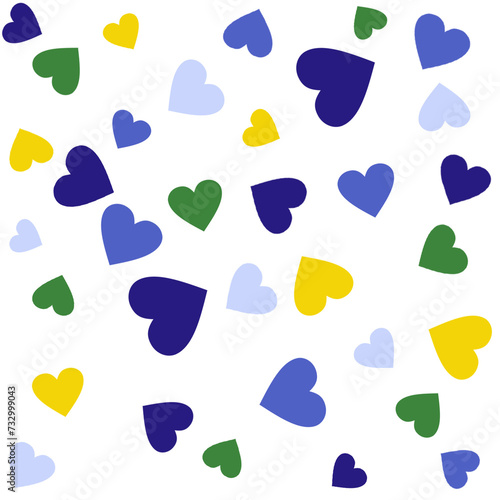 Seamless pattern of hearts. Yellow, green, blue hearts on a white background.