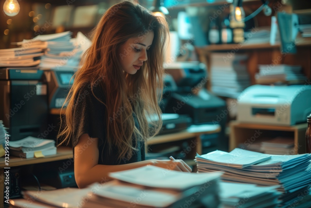 a woman sorted documents on a desk with a printer in the background, in the style of atmospheric shots a woman sorted documents on a desk with a printer in the background, in the style of atmospheric shots