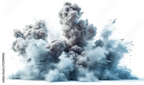 Explosive Burst of Dense Smoke Clouds Isolated on White Background, Concept of Power, Destruction, and Turbulent Force in Nature or Industry