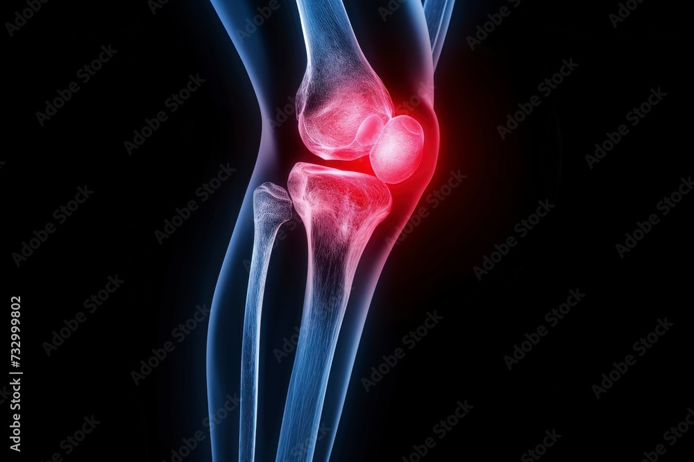 x-ray of a male human knee, showing painful in red color, black background x-ray of a male human knee, showing painful in red color, black background