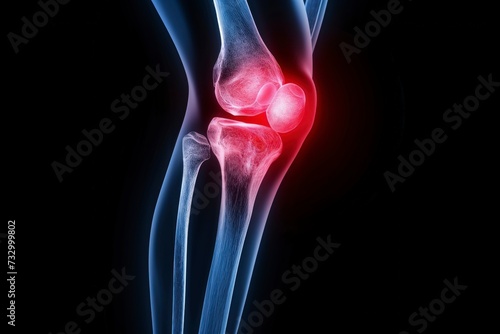 x-ray of a male human knee, showing painful in red color, black background 