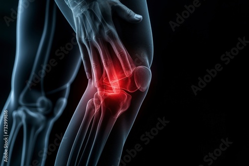 x-ray of a male human knee with hand touching, showing painful in red color, black background 