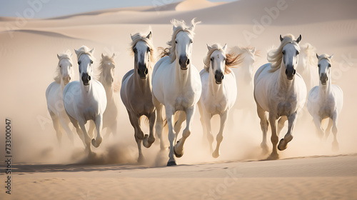 Arabian horses galloping in the dunes.