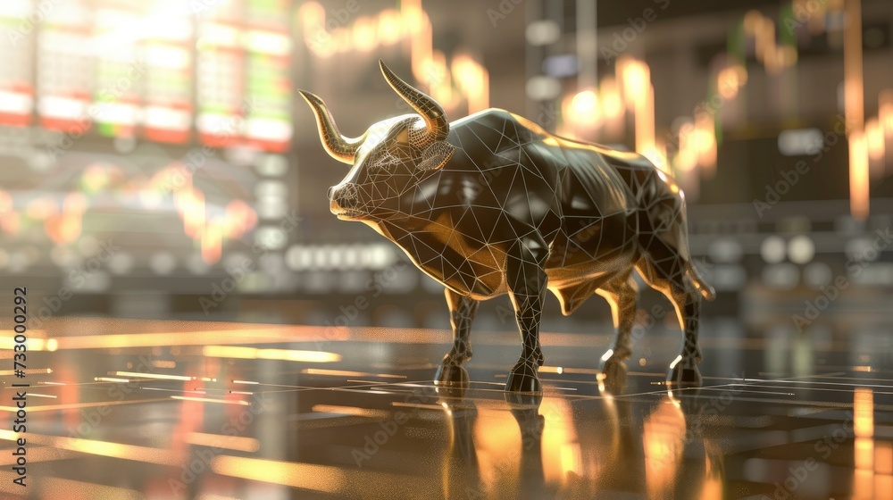 3D Concept Render of a Stock Market Bull Design with Stock Chart in the Background