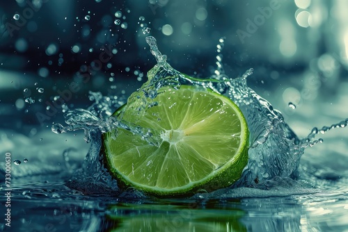 Lime In Water Surreal And Forming A Splash Falling Into The Water Realistic Scene