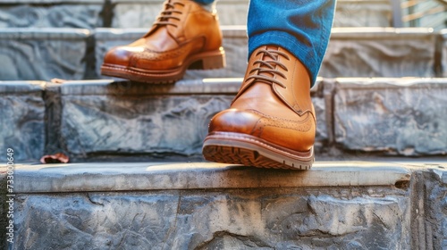 Close-Up Side View of a Business Person's Legs and Shoes Walking Up a Flight of Steps