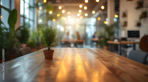 A potted plant sits on a wooden table in a luxury modern office with a blurred background.