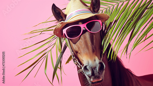 horse with sunglasses and hat under palm leaf on pastel summer background. AI Generative photo