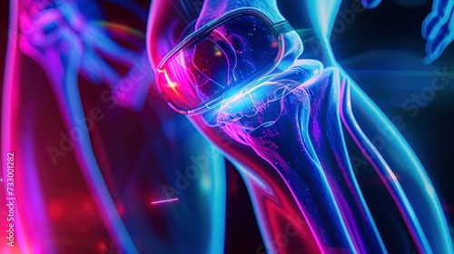 Radiographic Knee with Osteoarthritis, Panoramic Composition with Technology Colors and Neon Lighting, Glasses with Arm Joint for Lenses.