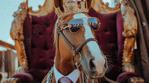 horse wearing tie with crown and sunglasses sitting on a throne. AI Generative