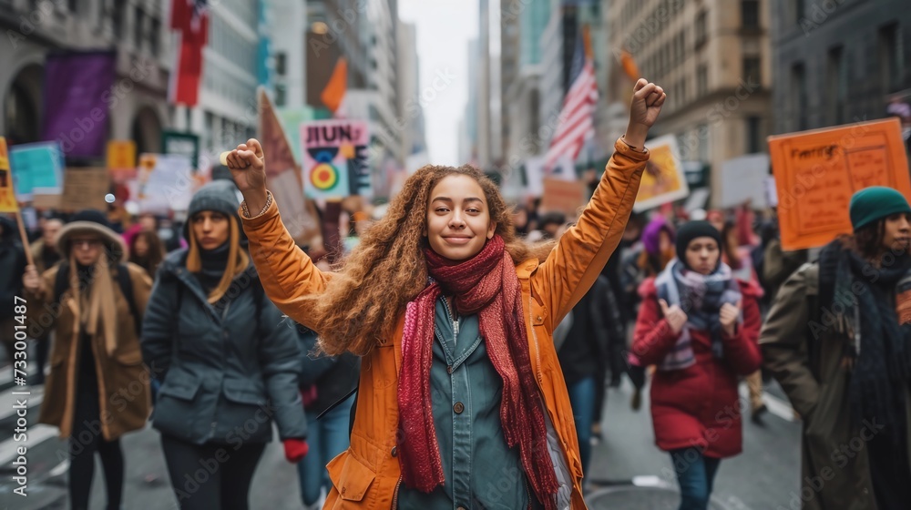 Vivid women's march. Diverse female participants walking down a city street. The fight for women's rights and equality, the spirit of solidarity. AI Generated
