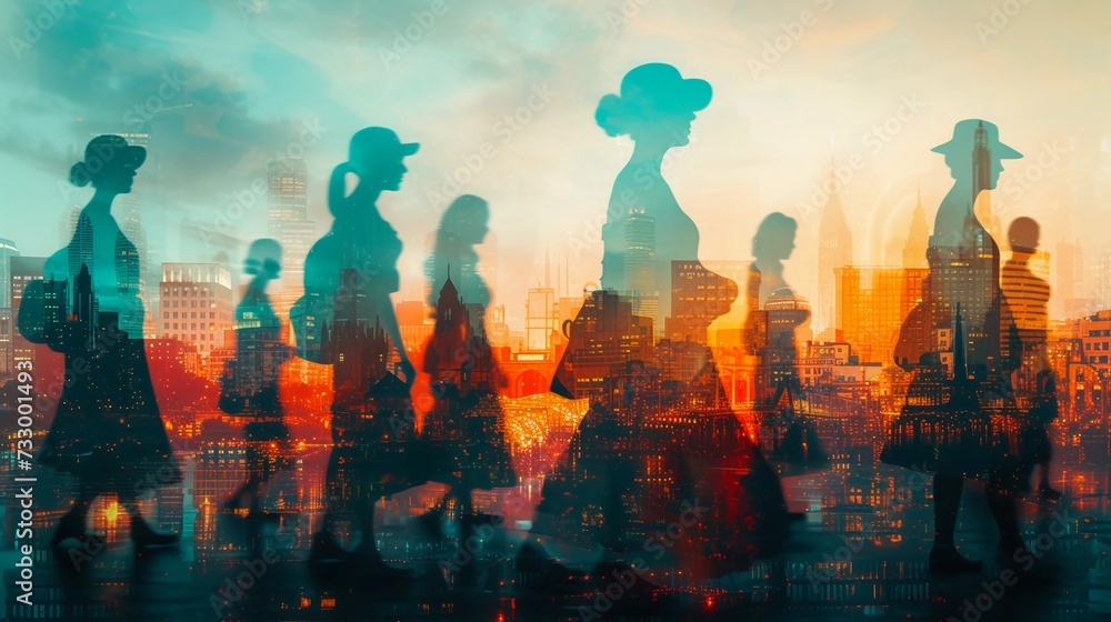 Women transparent figures from different historical periods layer over a modern-day cityscape. Women history month conceptual image. AI Generated - obrazy, fototapety, plakaty 