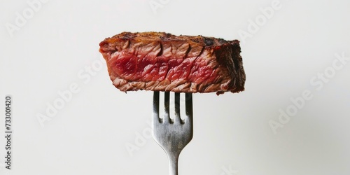 Slices of Freshly Grilled Steak on a Fork, Upright Position