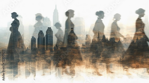Women transparent figures from different historical periods layer over a modern-day cityscape. Women history month conceptual image. AI Generated photo
