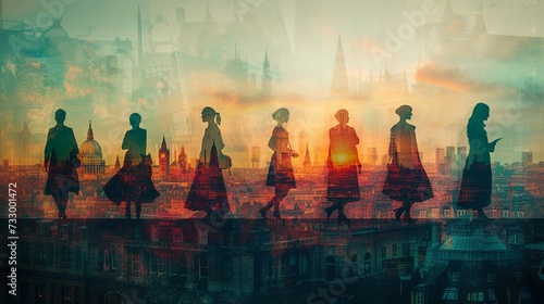Women transparent figures from different historical periods layer over a modern-day cityscape. Women history month conceptual image. AI Generated